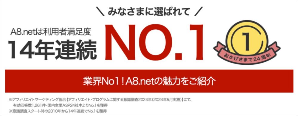 A8.netは14年連続で利用満足度No1